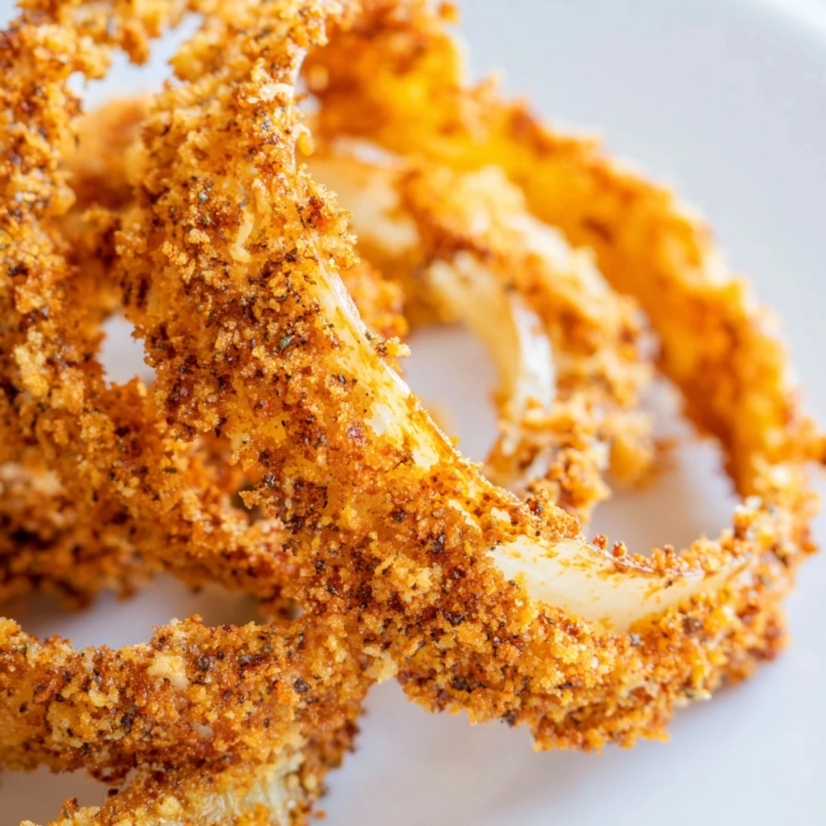 A close-up of Crunchy Crispy Baked Onion Rings with Parmesan coating, served hot from the oven.