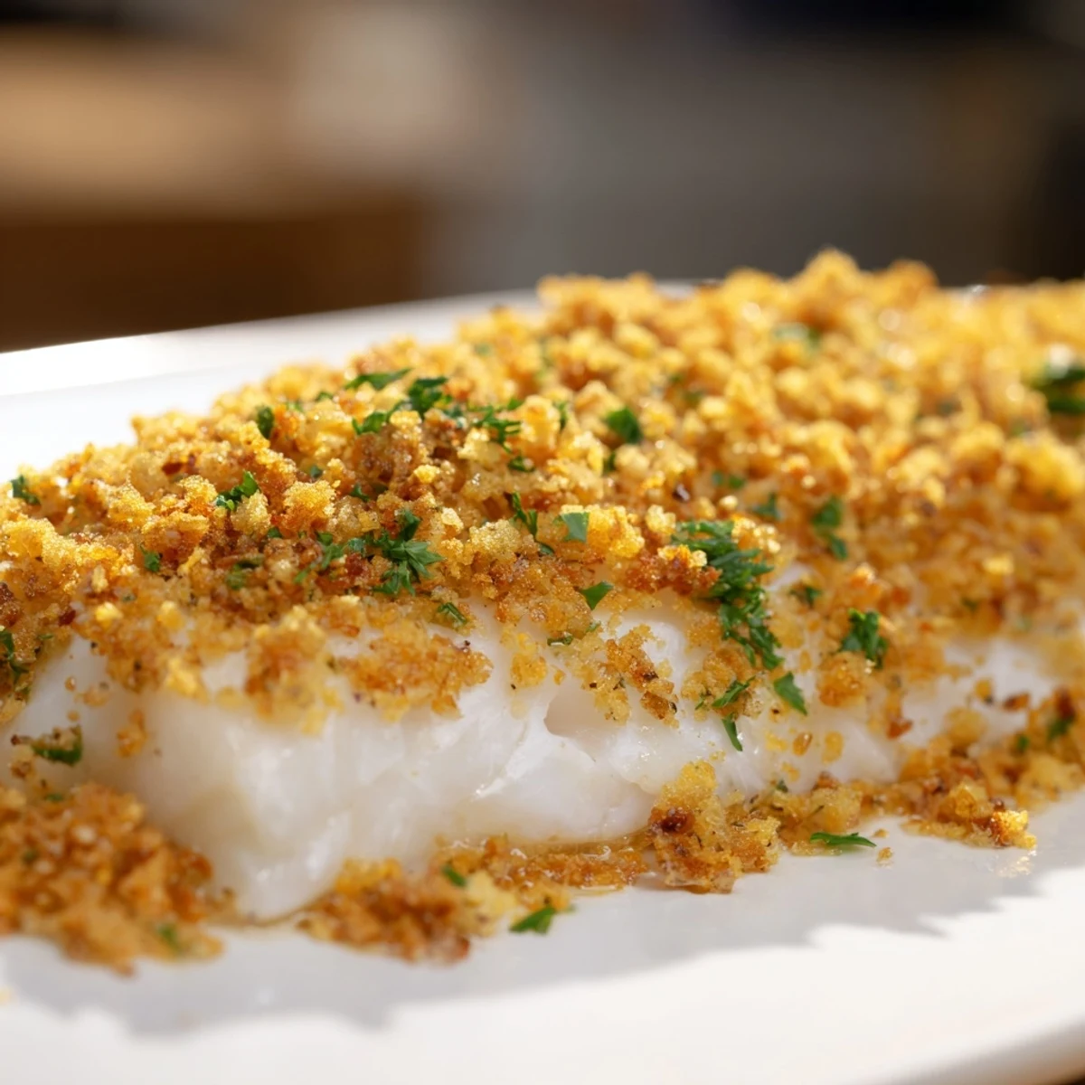Golden, crispy cracker crumb topping covers tender, flaky cod fillets, baked and served with lemon wedges.