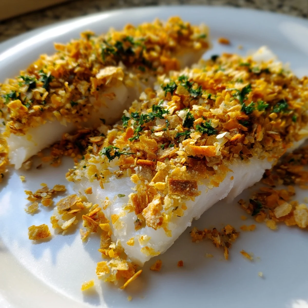 Fresh parsley and paprika dust the golden crumb topping on Baked Cod with Cracker Crumb Topping, flaking easily.
