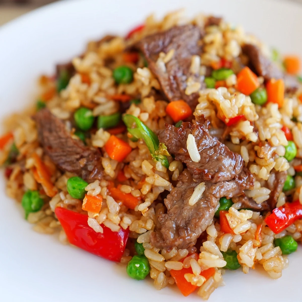 Close-up of tender beef strips and bright vegetables mixed into savory Beef Fried Rice in a hot wok.