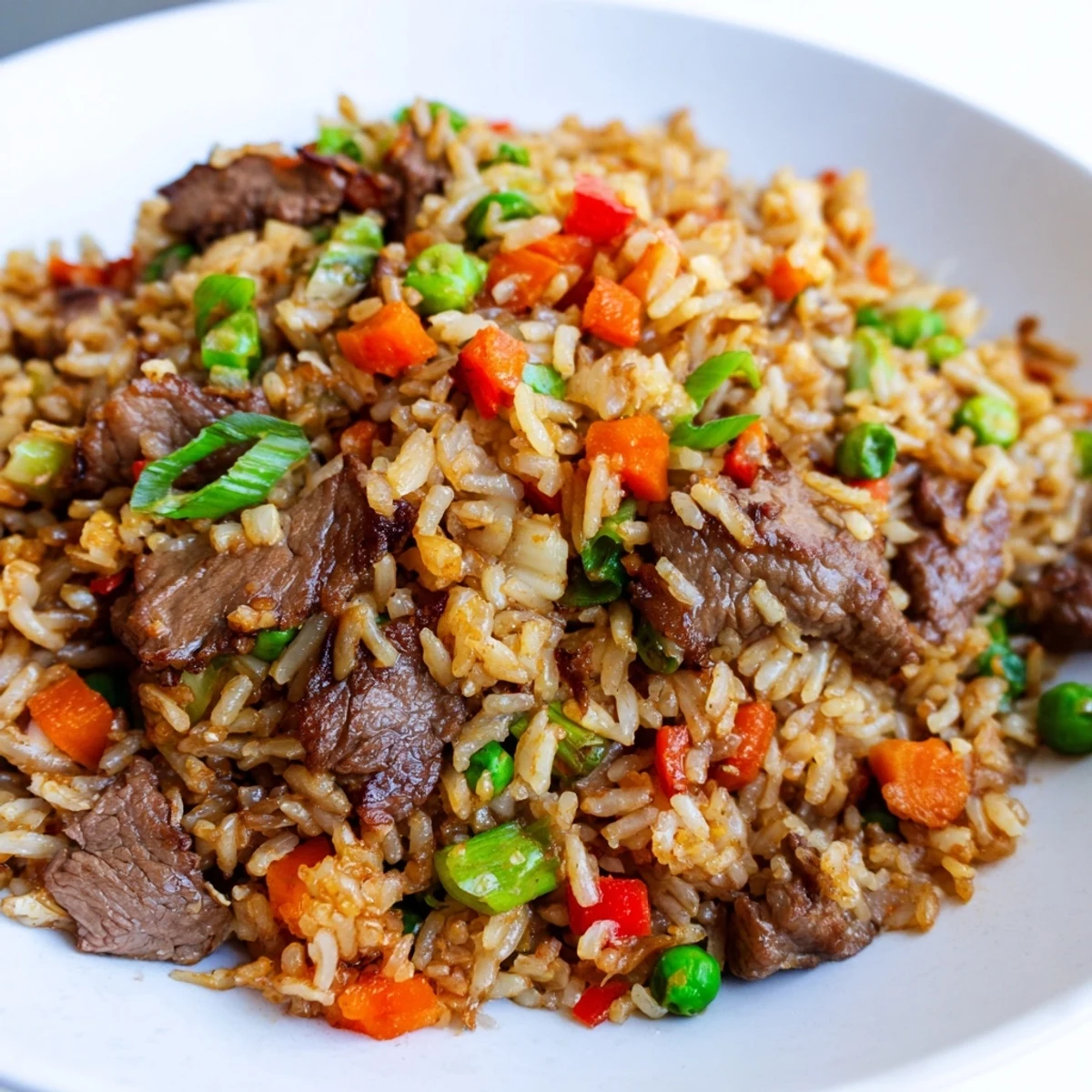 Steaming bowl of Beef Fried Rice with Vegetables, garnished with fresh green onions and sesame seeds.