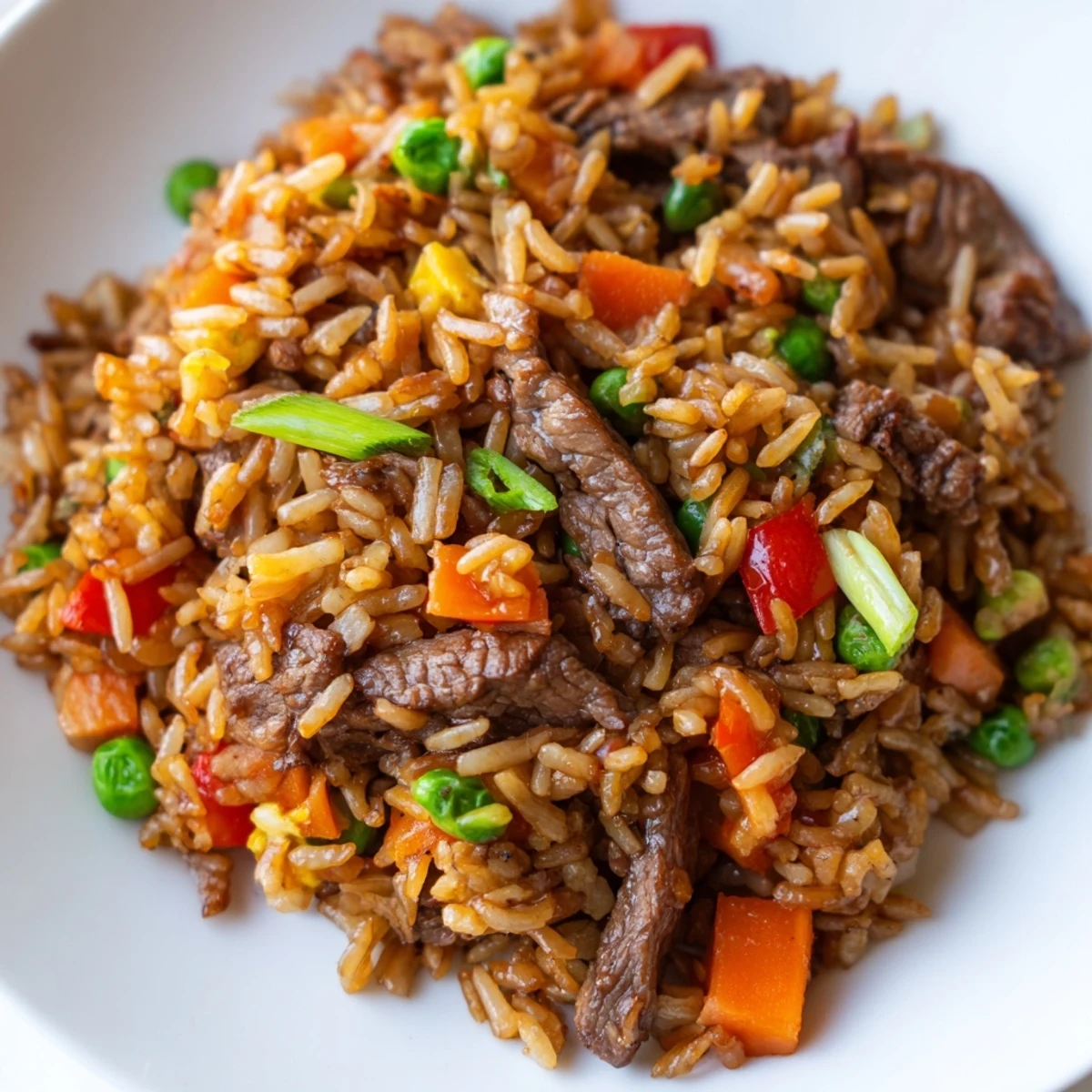 Colorful wok-tossed Beef Fried Rice with crispy beef, peas, carrots, and bell peppers ready to serve.
