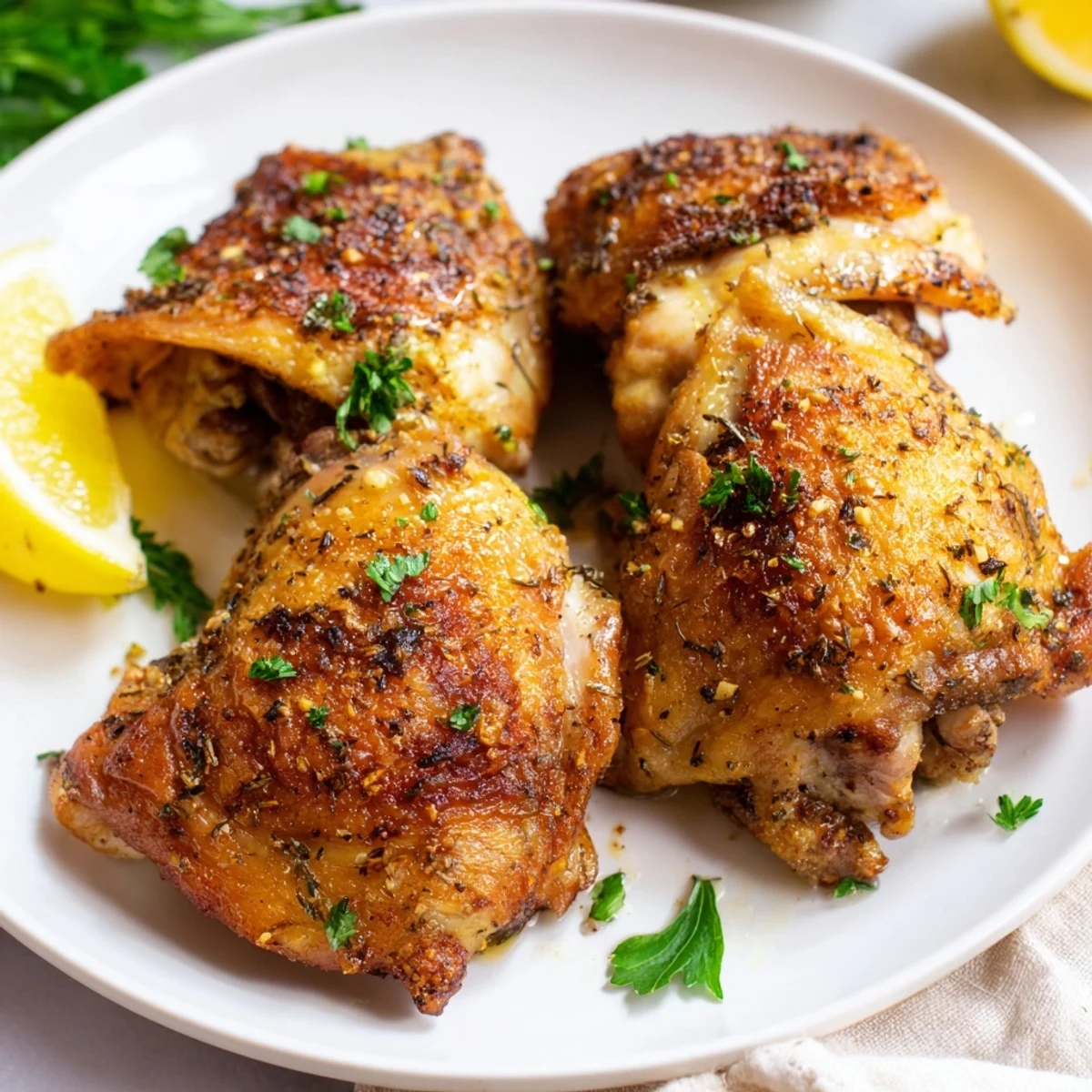 Crispy golden skin on oven roasted Lemon Garlic Roasted Chicken Thighs fresh from the oven. 