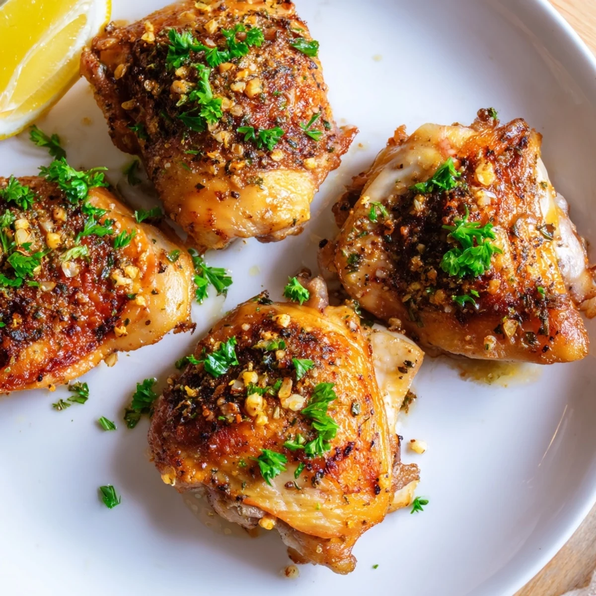 Savory Lemon Garlic Roasted Chicken Thighs garnished with fresh parsley and lemon wedges on a platter. 