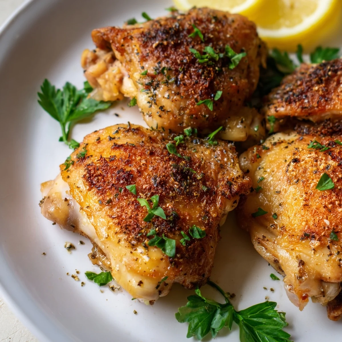 Juicy Lemon Garlic Roasted Chicken Thighs served alongside roasted potatoes for an easy Mediterranean dinner.
