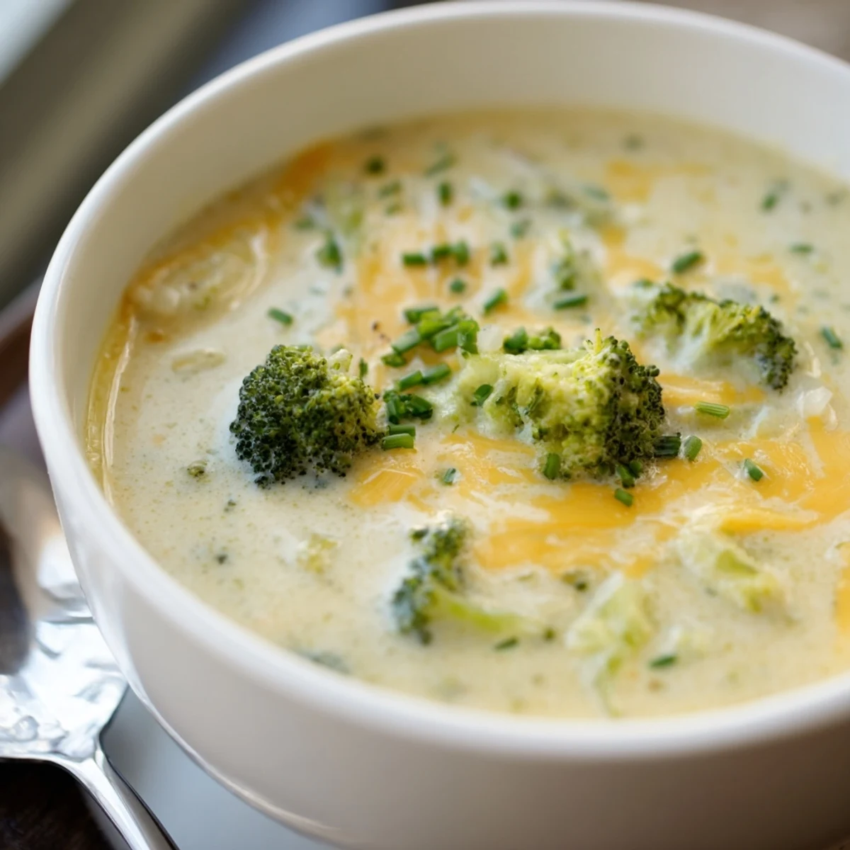 Creamy Broccoli Cheddar Soup with Bread served in a rustic bowl, velvety green soup topped with extra sharp cheddar and fresh chives alongside crusty sourdough.