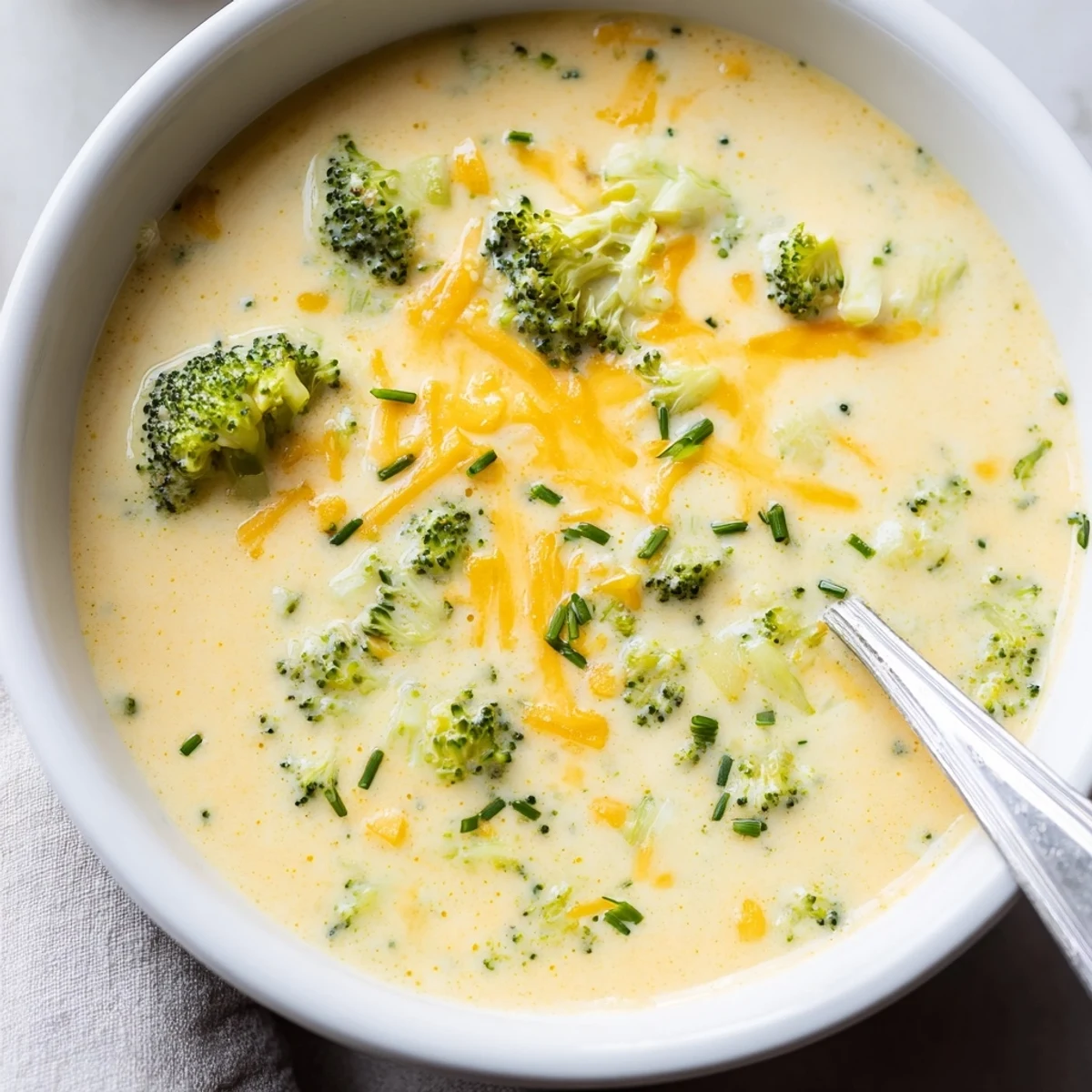 Cozy bowl of Creamy Broccoli Cheddar Soup with Bread, garnished with cracked black pepper and herbs, steam rising as the bread sits ready for dipping.