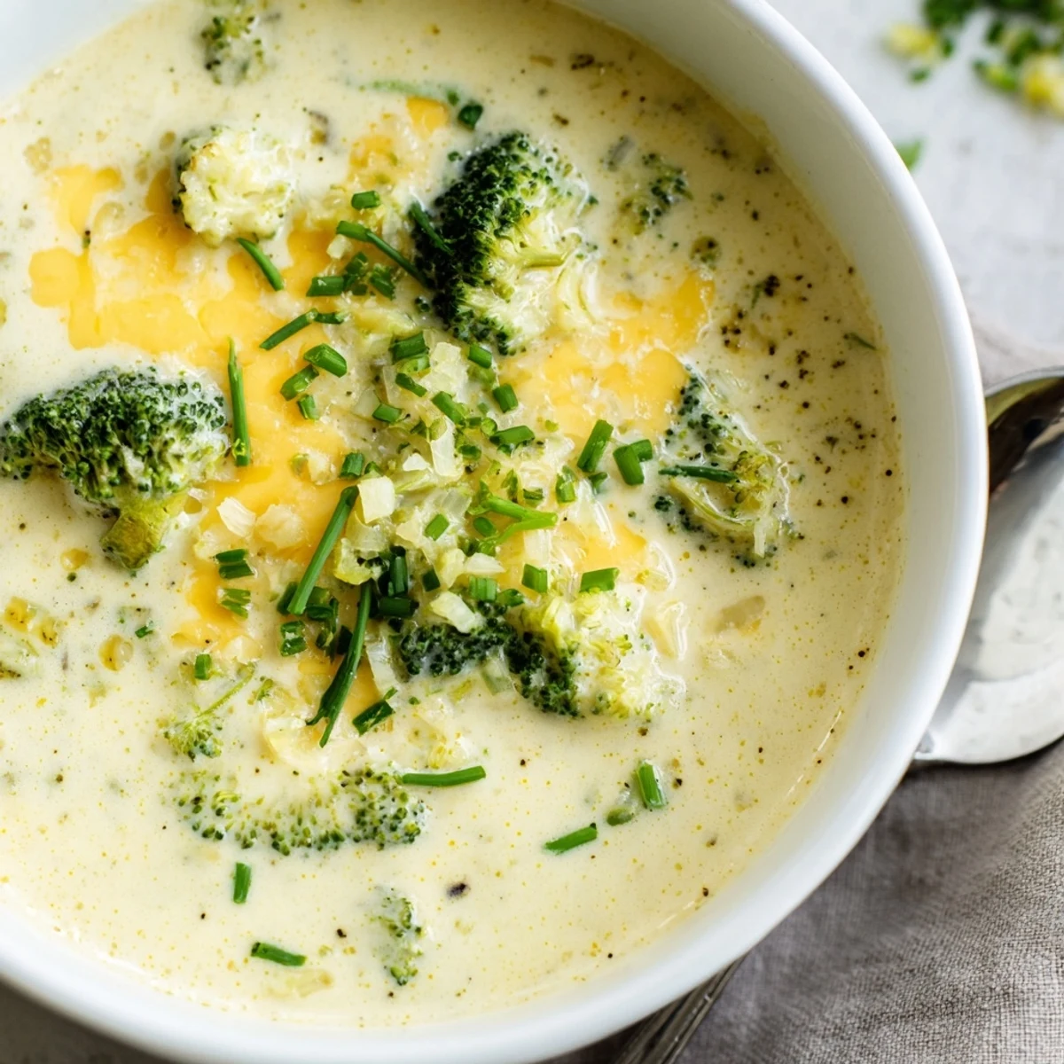 Golden-hued Creamy Broccoli Cheddar Soup with Bread, thick and velvety with tender broccoli florets, paired with toasted slices for a comforting weeknight dinner.