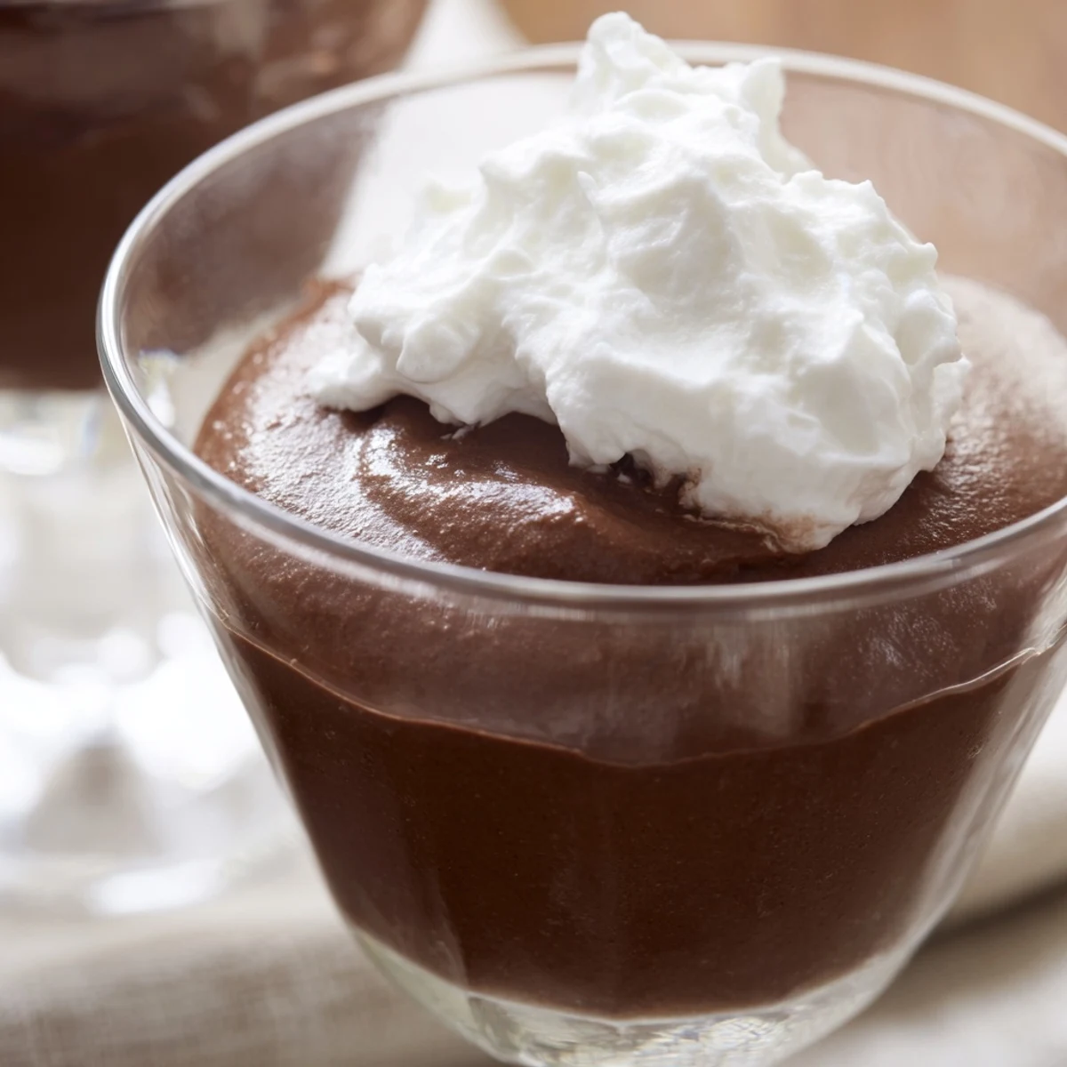Glass dessert cup filled with chocolate mousse topped with whipped cream and chocolate shavings, ready to serve.