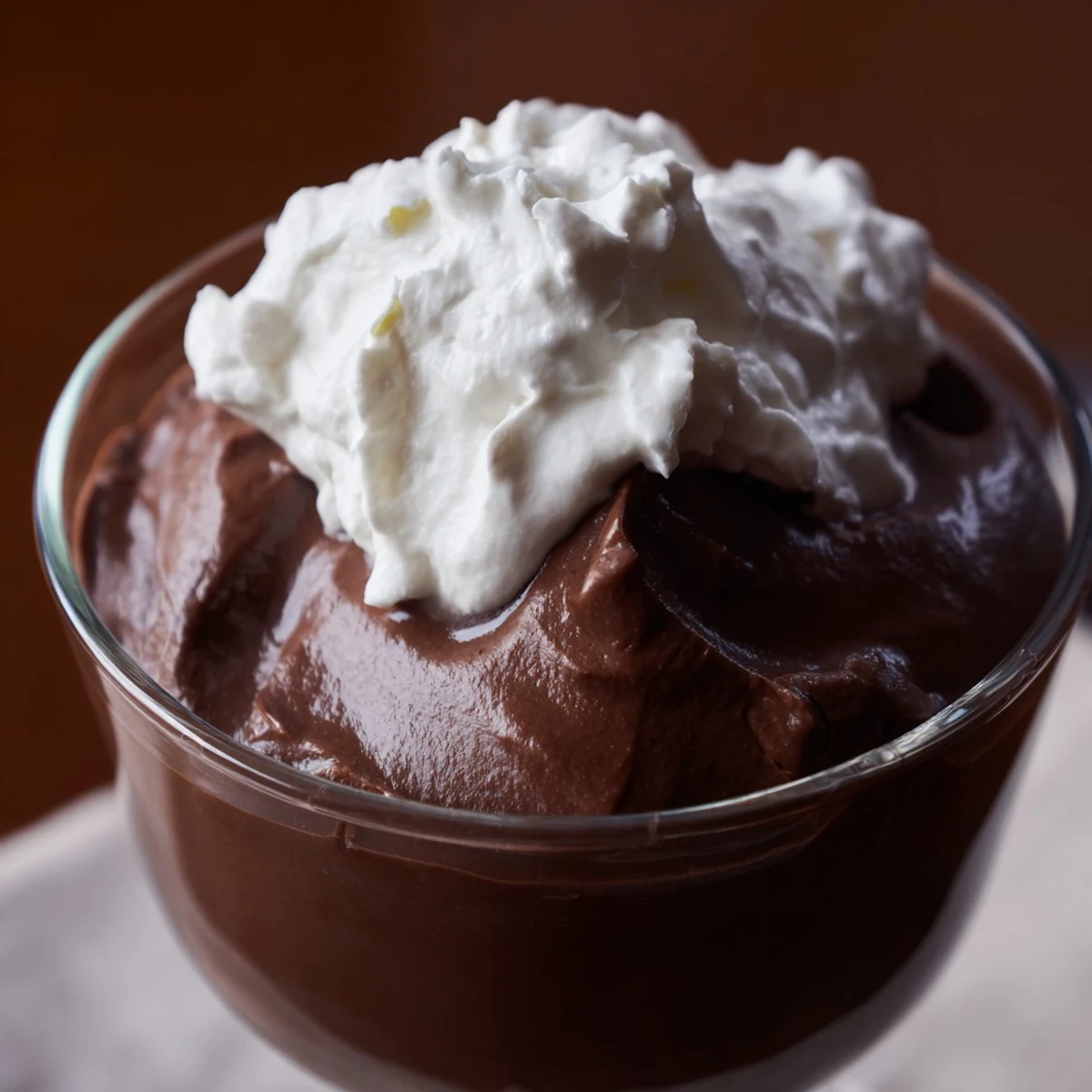 Silky chocolate mousse in a ramekin with a fluffy whipped cream dollop, garnished for a dinner party dessert.