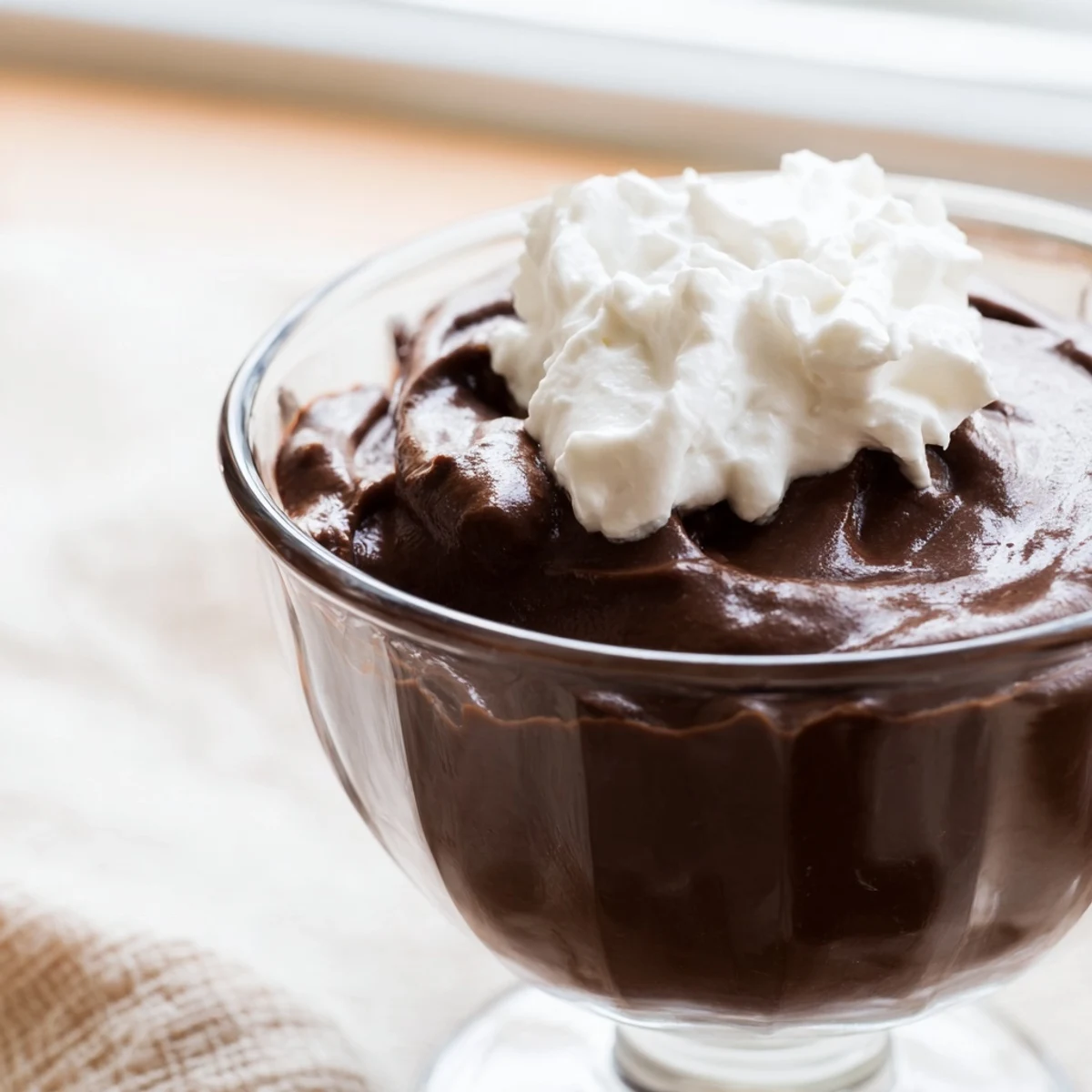 Rich chocolate mousse layered in a glass, topped with fresh whipped cream and a chocolate shaving garnish.