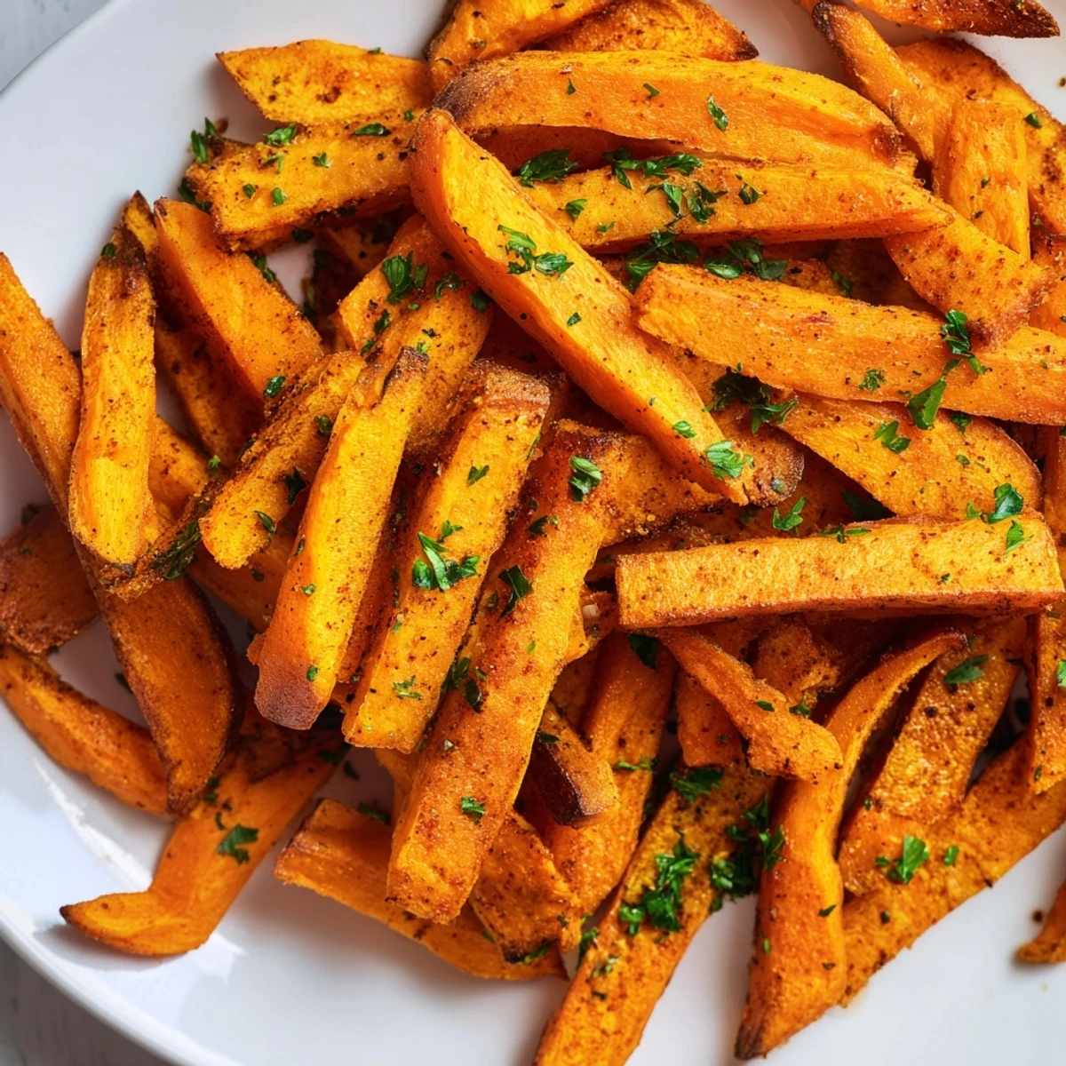 Golden, crispy Crispy Air Fryer Sweet Potato Fries are piled high on a white plate, seasoned with paprika and fresh parsley.