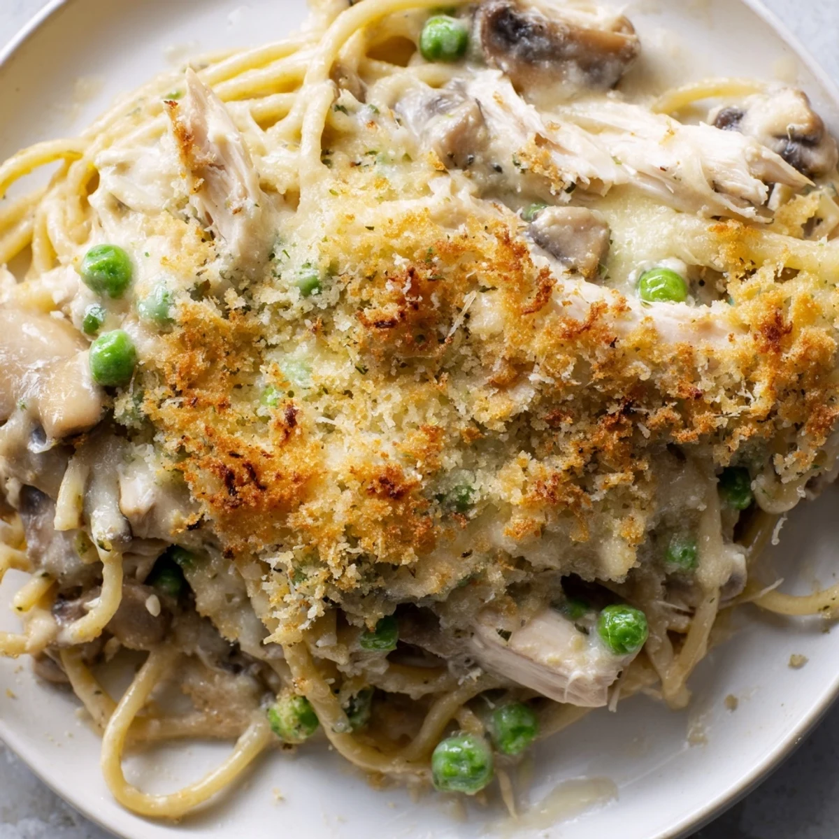 Tender turkey and sautéed cremini mushrooms mingle in a rich, creamy white sauce inside this casserole.