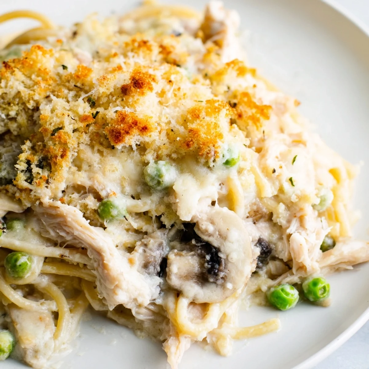 Freshly baked Turkey Tetrazzini emerges from the oven with a golden, crispy Parmesan and breadcrumb topping.