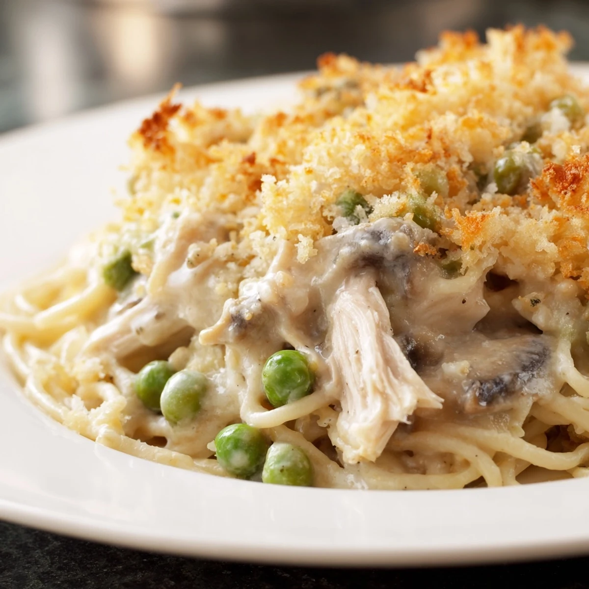 Sliced spaghetti is tossed with turkey and mushrooms, ready to be baked into a comforting family dinner.