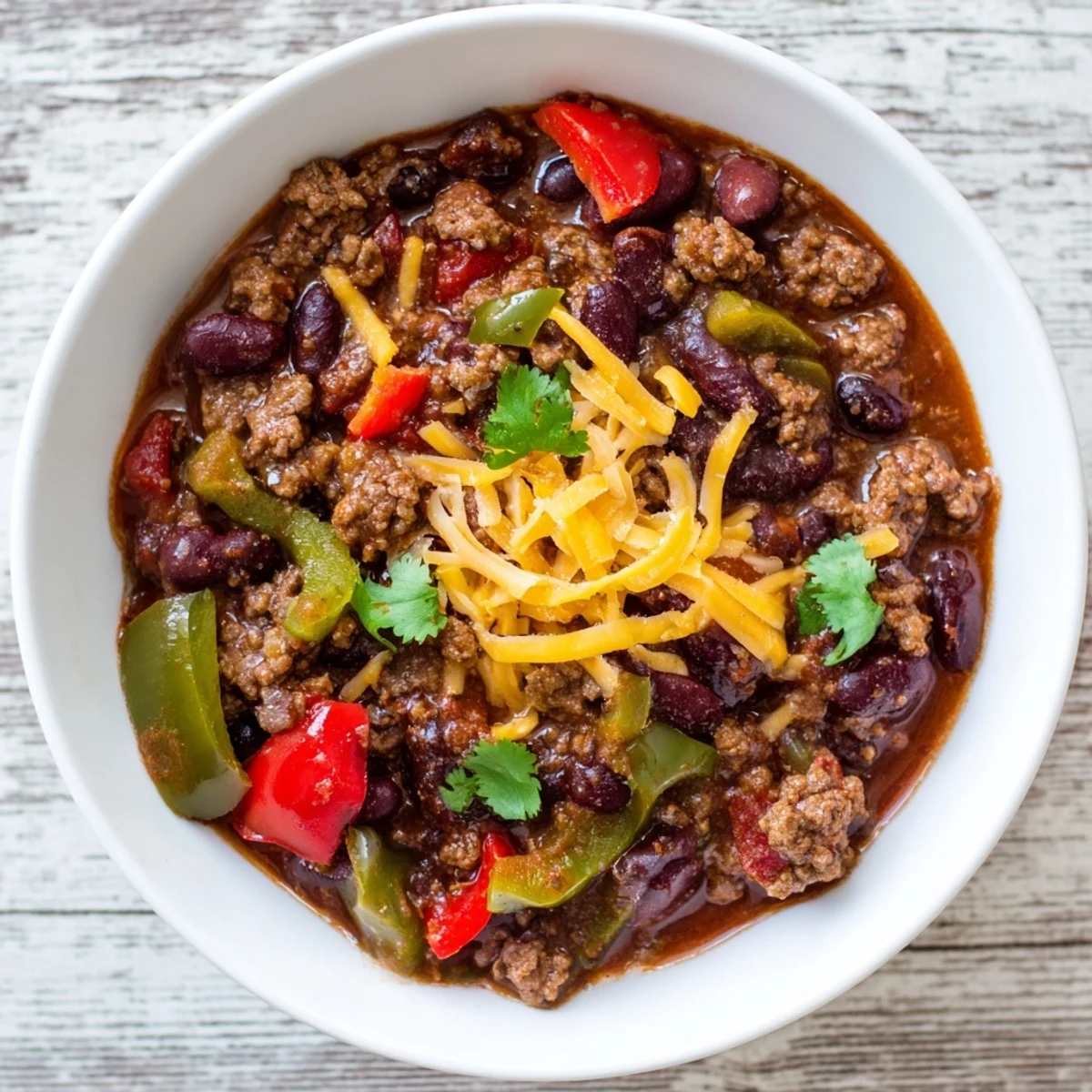 Top-down view of homemade Slow Cooker Chili with Ground Beef featuring tender beef, hearty beans, and rich red sauce in a white bowl.