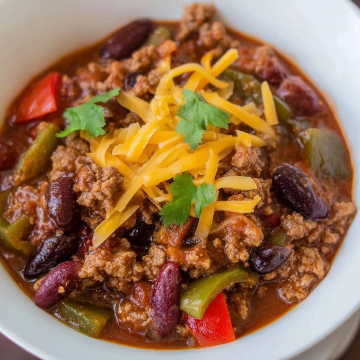 A close-up of Slow Cooker Chili with Ground Beef topped with shredded cheddar cheese, sour cream, and fresh cilantro on a rustic table.