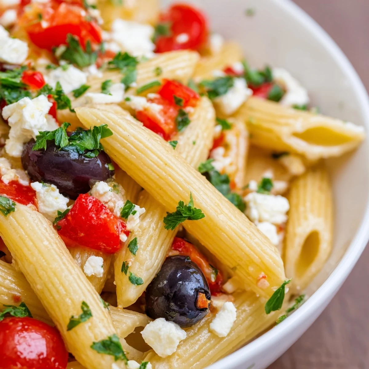 Fresh Mediterranean Pasta Salad with Olives, tomatoes, and feta, tossed in a light vinaigrette on a serving spoon.