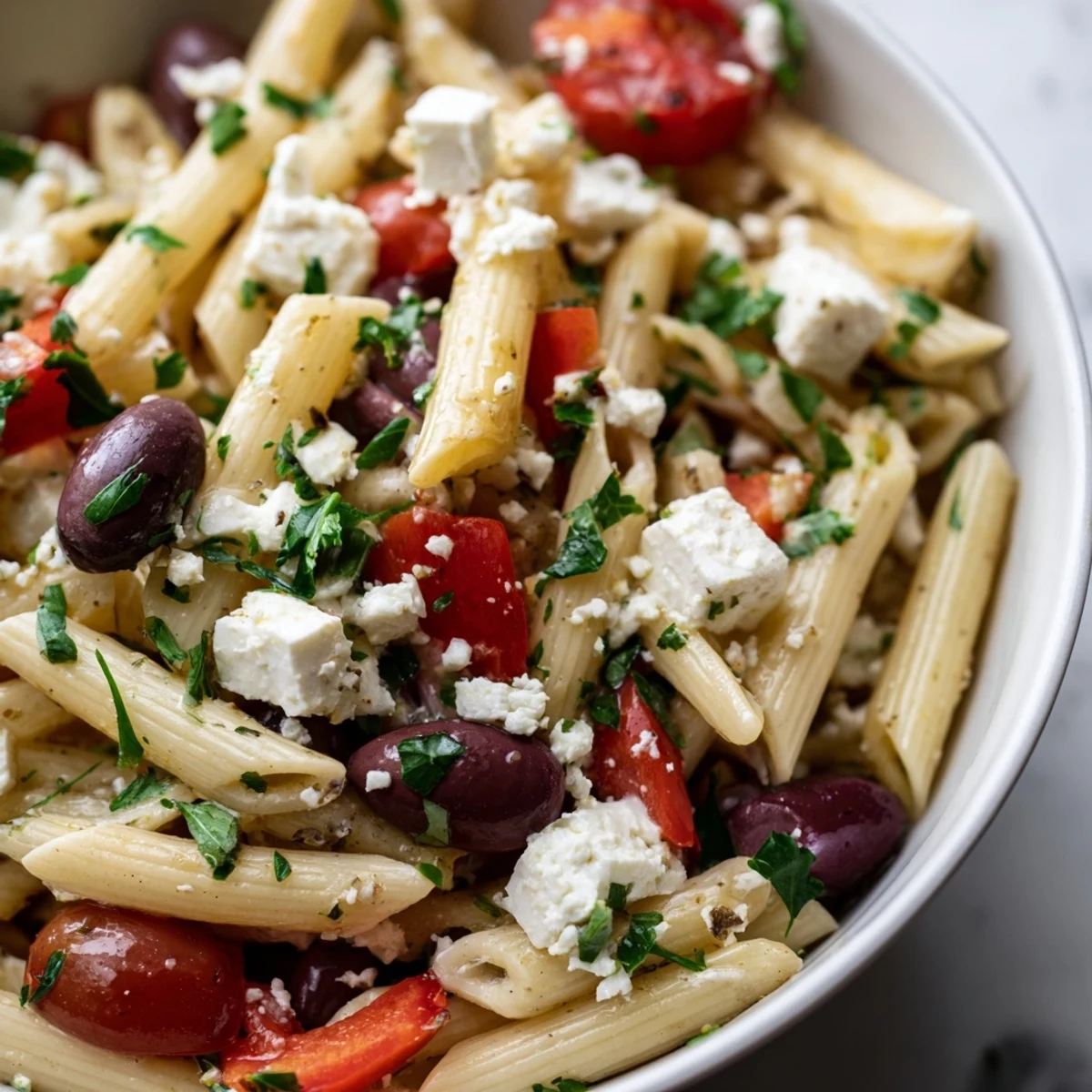 A bowl of Mediterranean Pasta Salad with Olives and feta, garnished with parsley, perfect for a summer picnic.