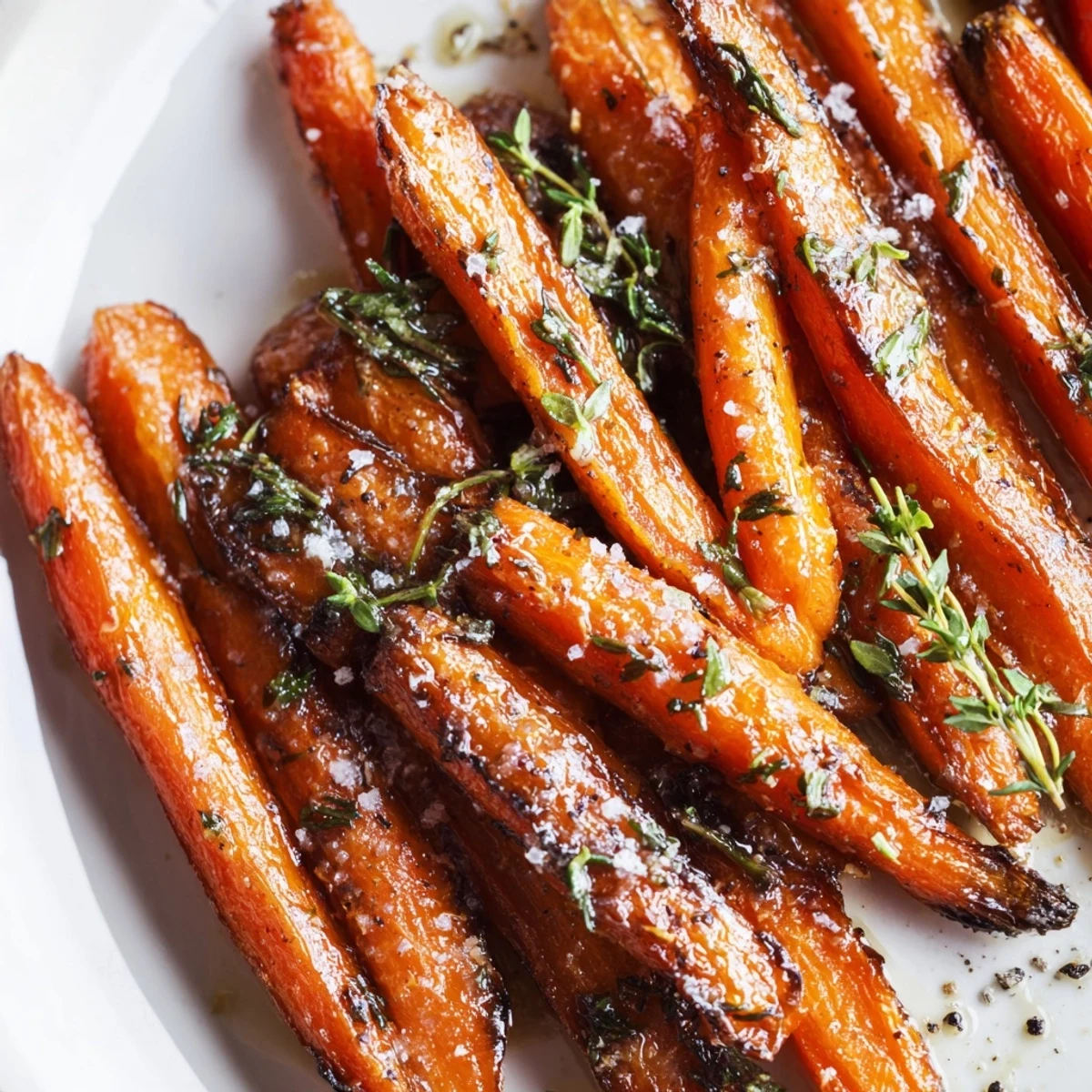 Freshly roasted carrots with honey and thyme, glistening and tender, served warm as a colorful side dish.