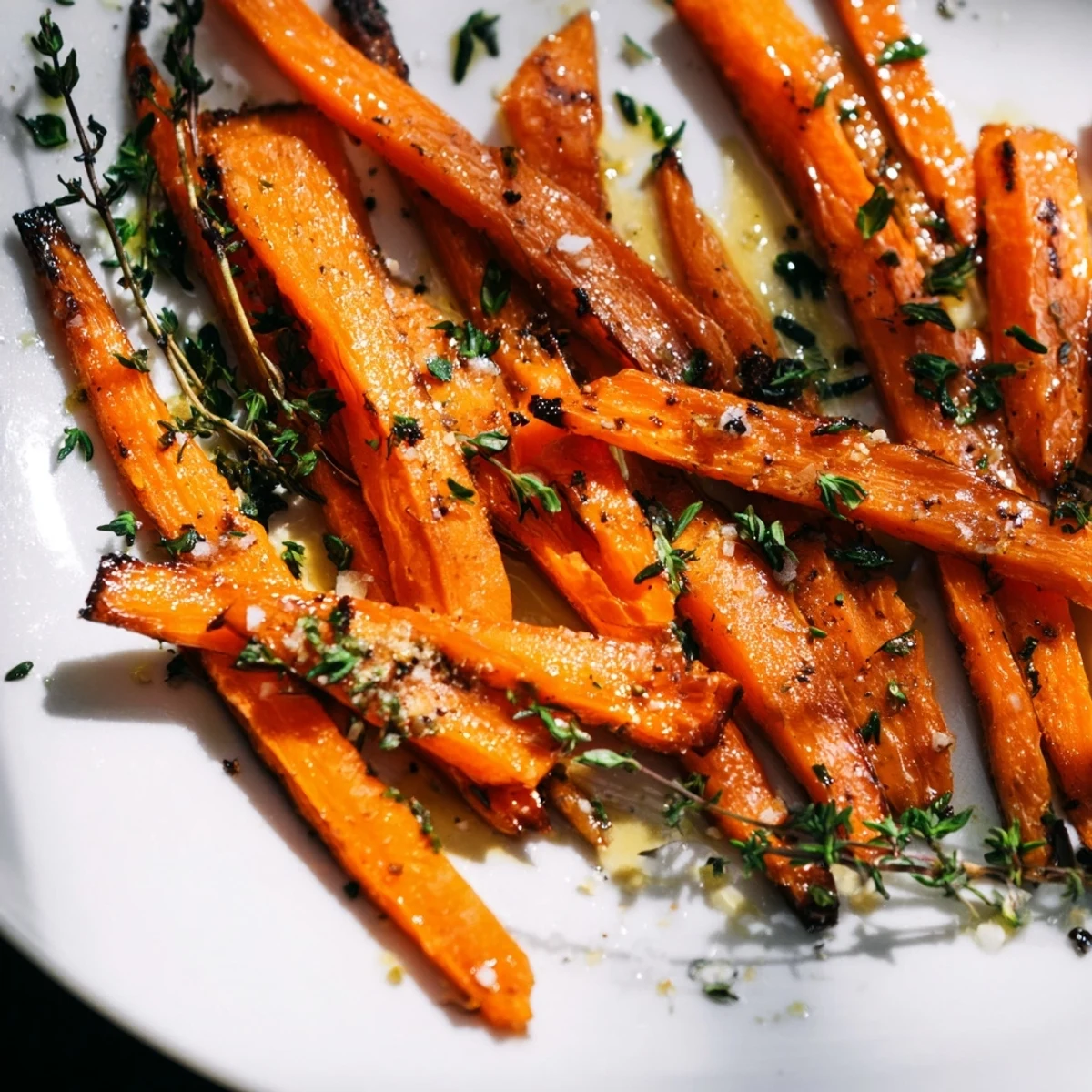 Honey glazed roasted carrots with thyme, caramelized edges on a rustic plate, perfect for dinner parties.