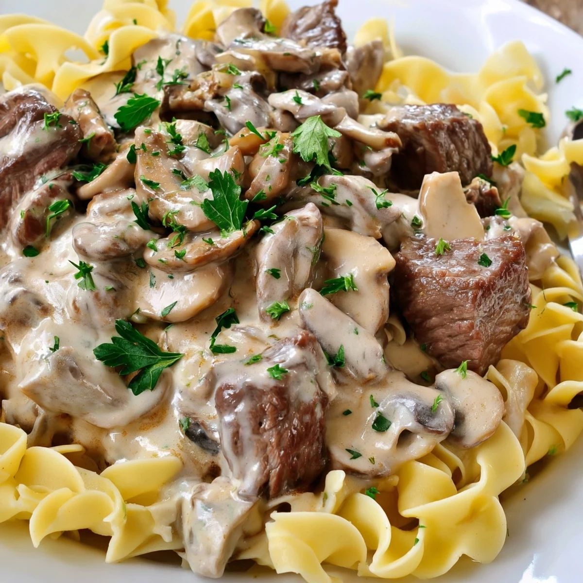 Steak strips and mushroom sauce are spooned over fluffy egg noodles for a hearty meal.