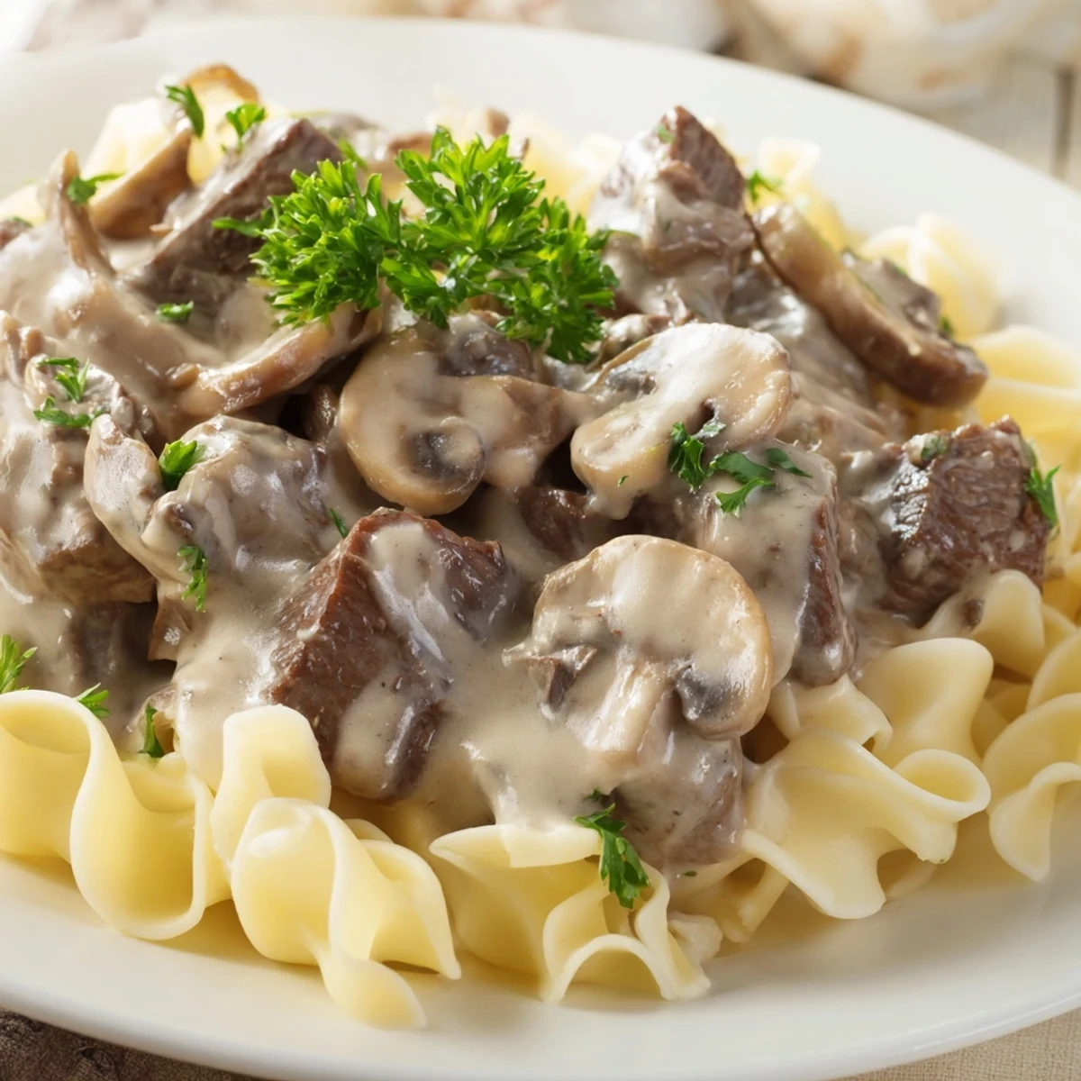 Tender beef and savory mushroom sauce ladled over warm egg noodles, garnished with fresh parsley.