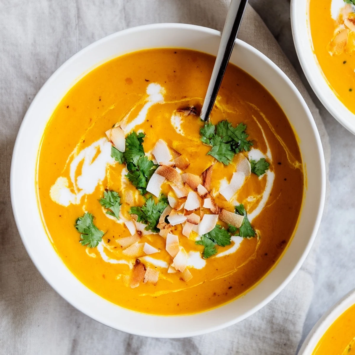 Bright orange roasted carrot and ginger soup with coconut milk is poured into a rustic white bowl. Topped with toasted coconut flakes and fresh herbs, this velvety, aromatic vegan soup is perfect for cozy lunches.