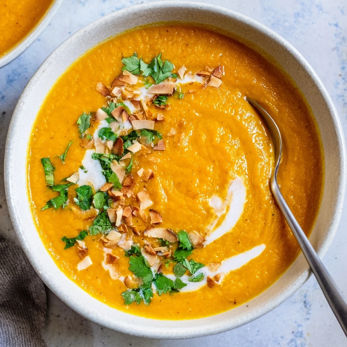 A glossy, bright orange roasted carrot and ginger soup with coconut milk is shown in a shallow ceramic bowl. Garnished with pumpkin seeds and cilantro, this velvety puree looks like a comforting, healthy weeknight dinner.