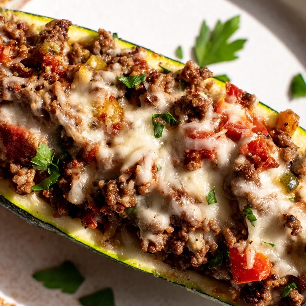 Close-up of Zucchini Boats Stuffed with Ground Beef and Tomato showing rich red sauce and melted cheese filling.