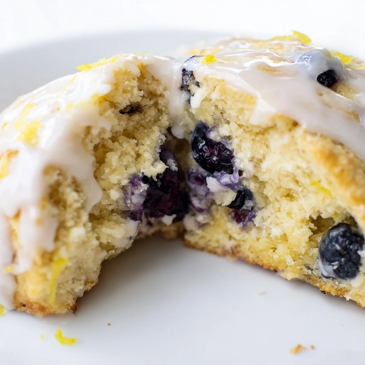Freshly baked Lemon Blueberry Scones with Sweet Vanilla Glaze on a rustic wooden board, served with a steaming cup of coffee.