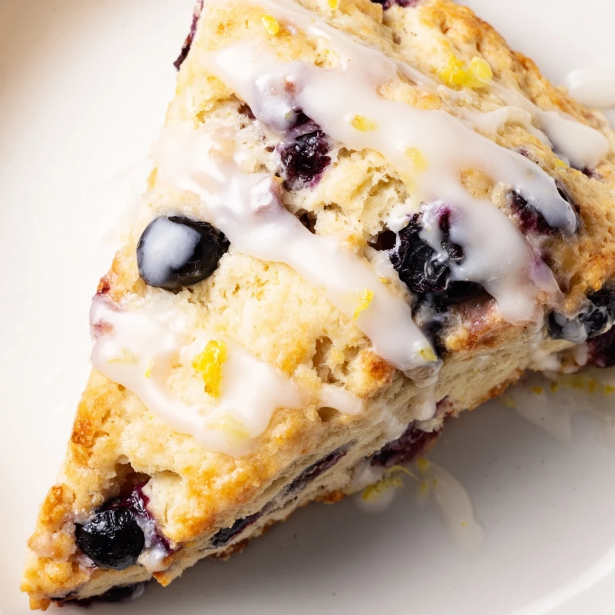 Close-up of warm Lemon Blueberry Scones showing juicy blueberries and a drizzle of luscious sweet vanilla glaze over the top.