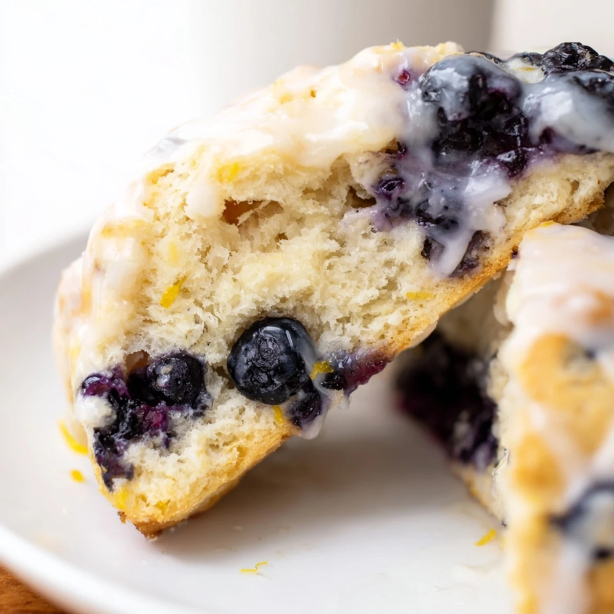 Golden crumbly Lemon Blueberry Scones with Sweet Vanilla Glaze, perfect for a sweet breakfast or brunch spread on a ceramic plate.