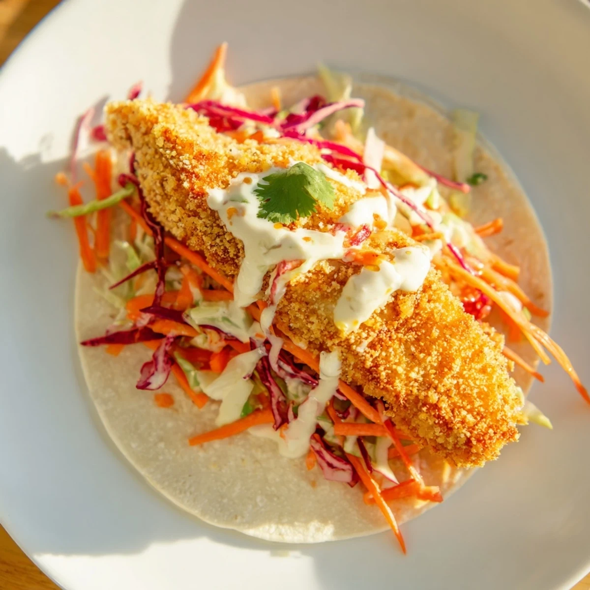 Crispy Fish Tacos with Cabbage Slaw and Lime Crema garnished with fresh cilantro on a plate.