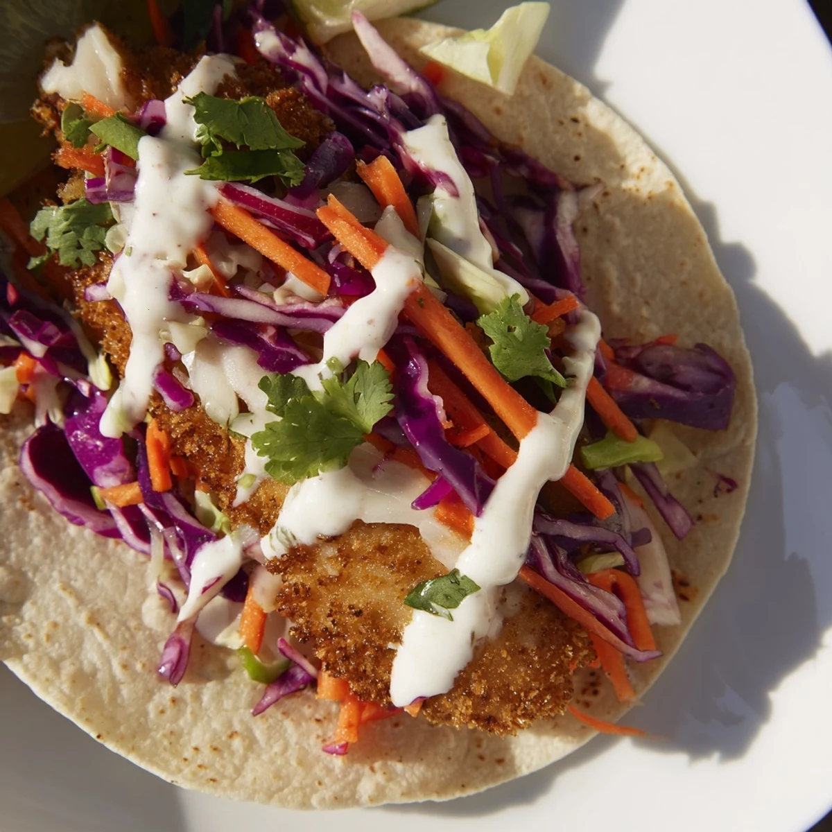 Crispy Fish Tacos with Cabbage Slaw and Lime Crema served with warm tortillas and lime wedges.