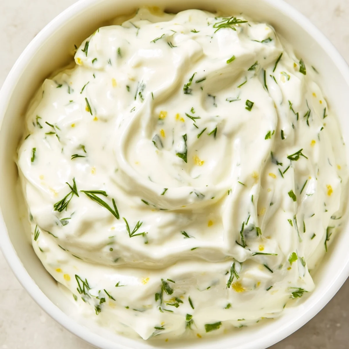 Creamy Salad Dressing with Herbs in a white bowl, garnished with fresh parsley and dill.