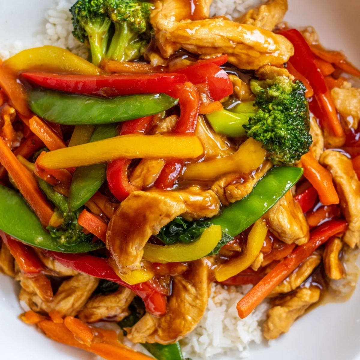 An overhead view of a warm plate of Chicken Veggie Stir Fry with Rice, featuring tender chicken pieces and bright vegetables, garnished with fresh green onions and sesame seeds.