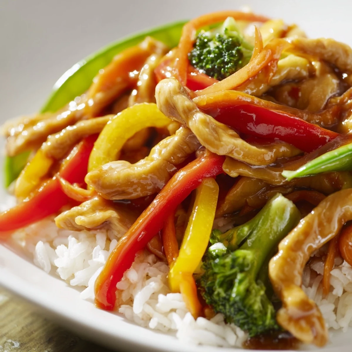 Golden-brown chicken, colorful bell peppers, and crisp broccoli florets are tossed in a glossy savory sauce in this Chicken Veggie Stir Fry with Rice, served alongside fluffy white rice.