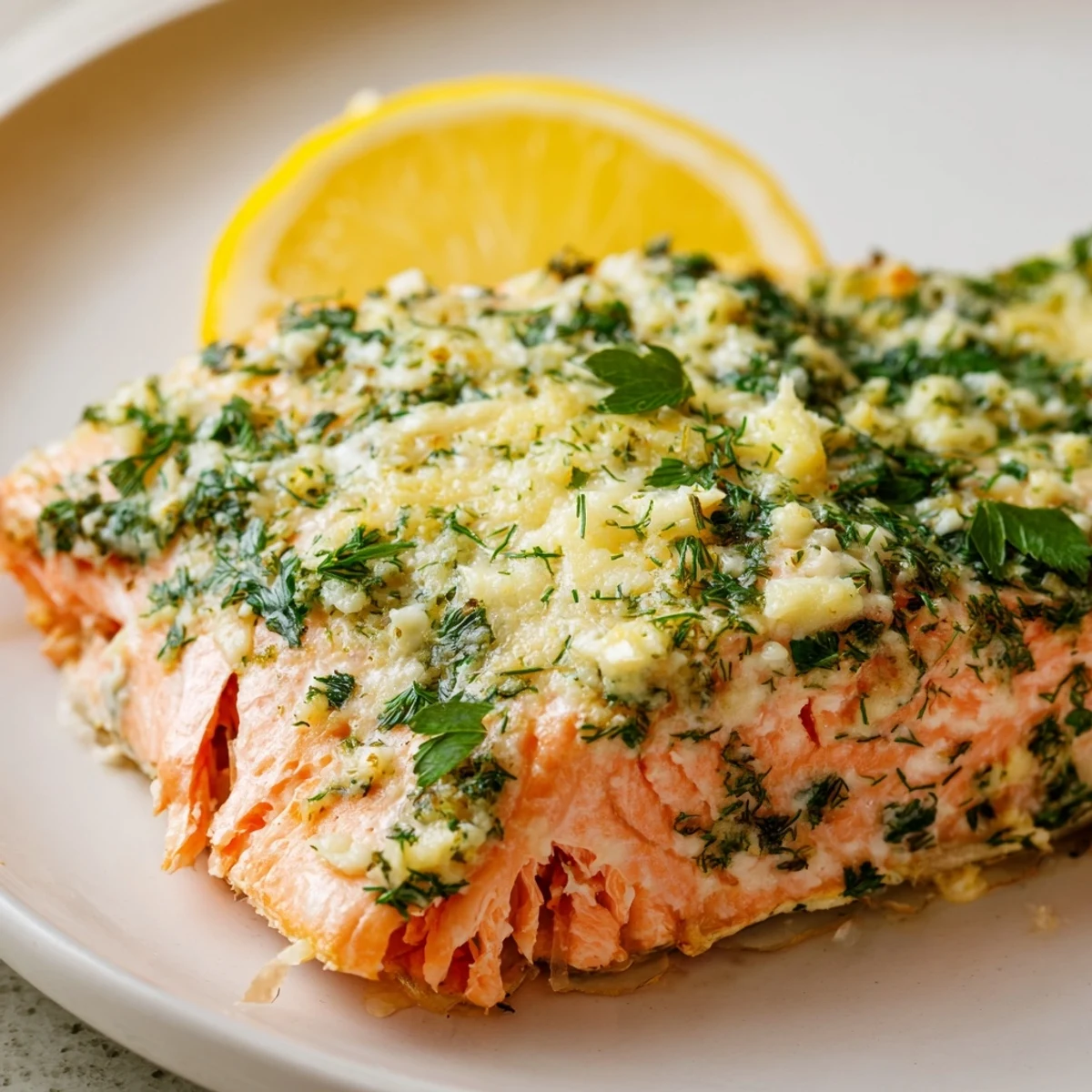 Golden Baked Salmon with Lemon Herb Butter rests on a white plate, garnished with fresh parsley and dill sprigs.
