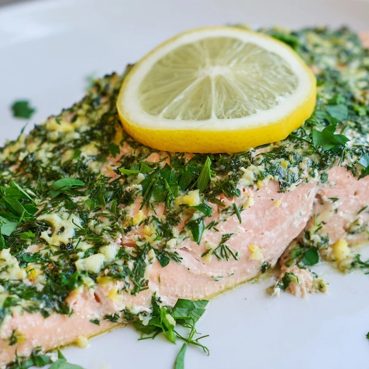 Freshly cooked Baked Salmon with Lemon Herb Butter flaked with a fork alongside roasted asparagus and lemon wedges.