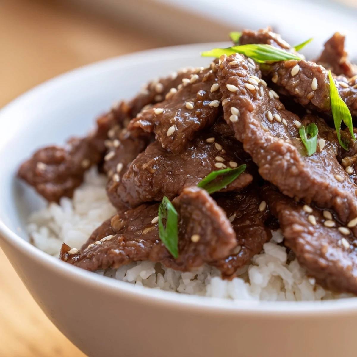 A savory Beef Bowl with Steamed Rice, featuring tender beef strips in rich sauce over fluffy white rice.