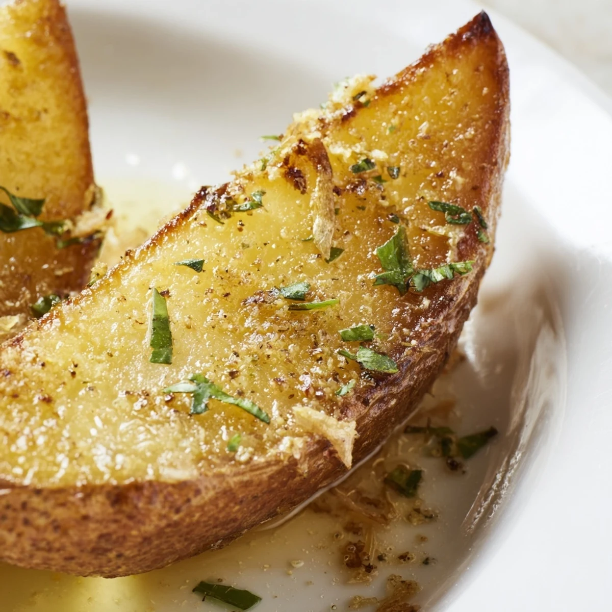 Golden-brown Lemon Potatoes with crispy edges and tender centers, garnished with fresh parsley and lemon wedges for a bright, citrusy side dish.  