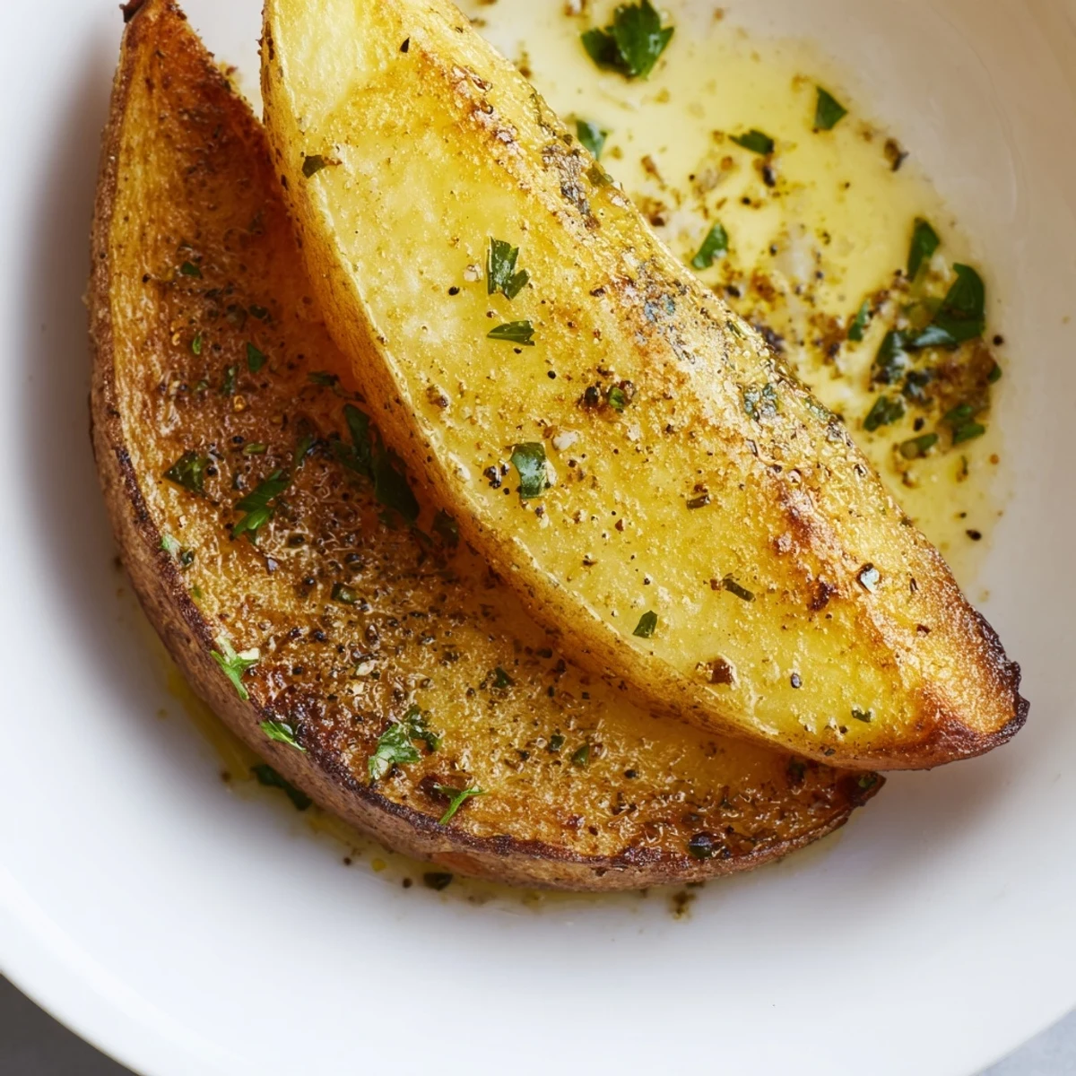 A close-up of Lemon Potatoes showing their golden, oven-roasted crust and fluffy interior, drizzled with a zesty garlic-lemon marinade.