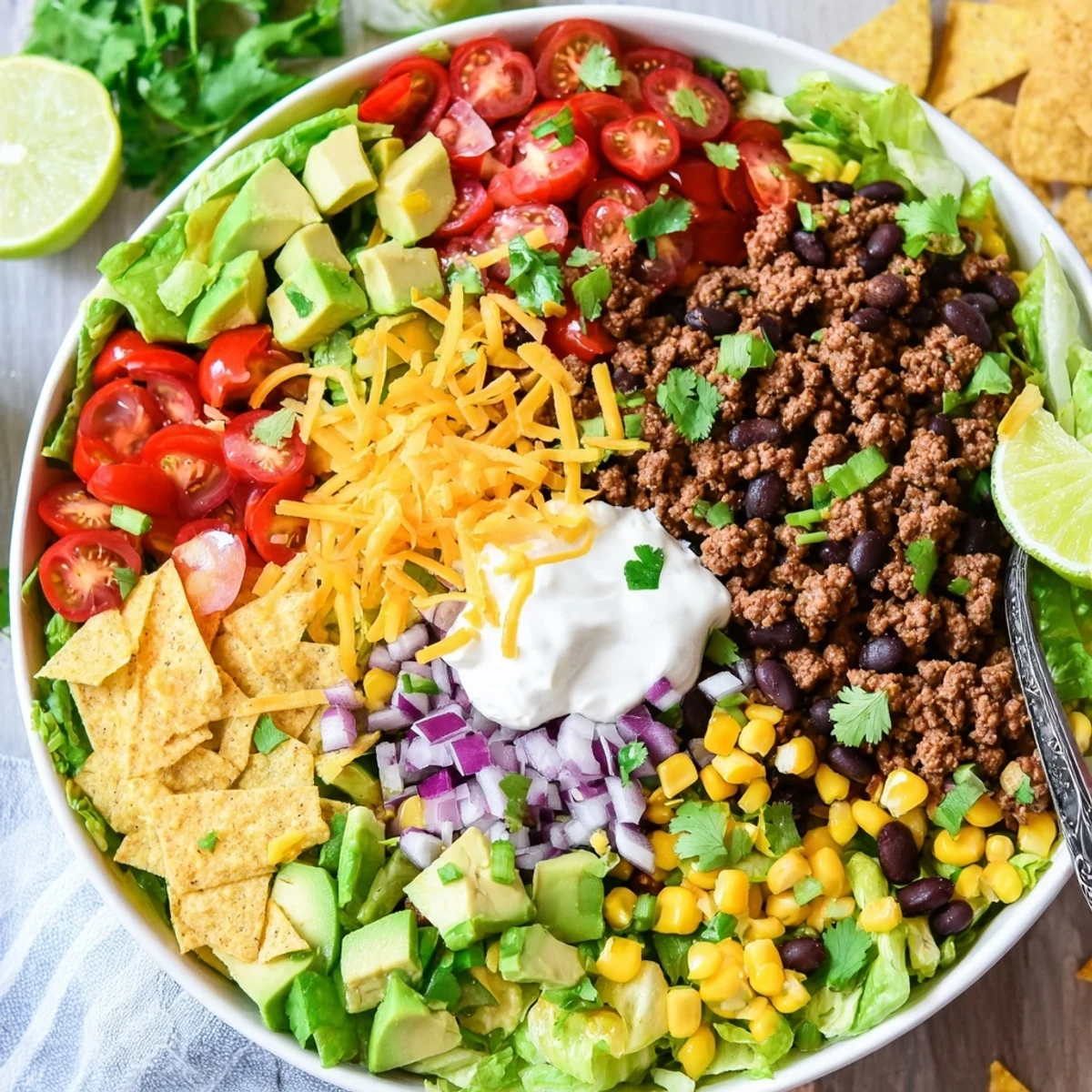 A vibrant beef taco salad with seasoned ground beef, crisp romaine lettuce, and crunchy tortilla chips topped with creamy avocado and cheddar cheese.