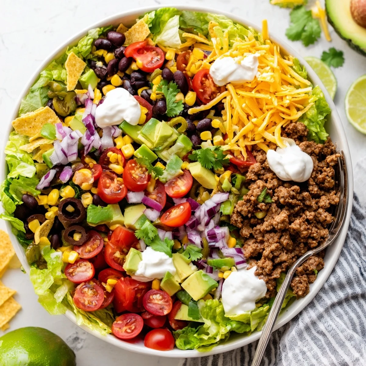 Golden-brown taco beef sits atop a colorful bowl of tomatoes, black beans, and corn, finished with a dollop of sour cream and fresh cilantro.