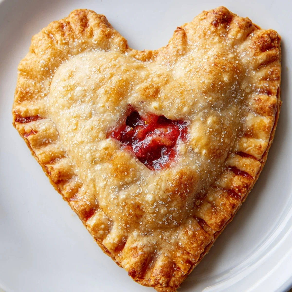Golden-brown Heart Shaped Strawberry Hand Pies, with flaky crusts and bubbling red filling, sit cooling on a rustic tray.