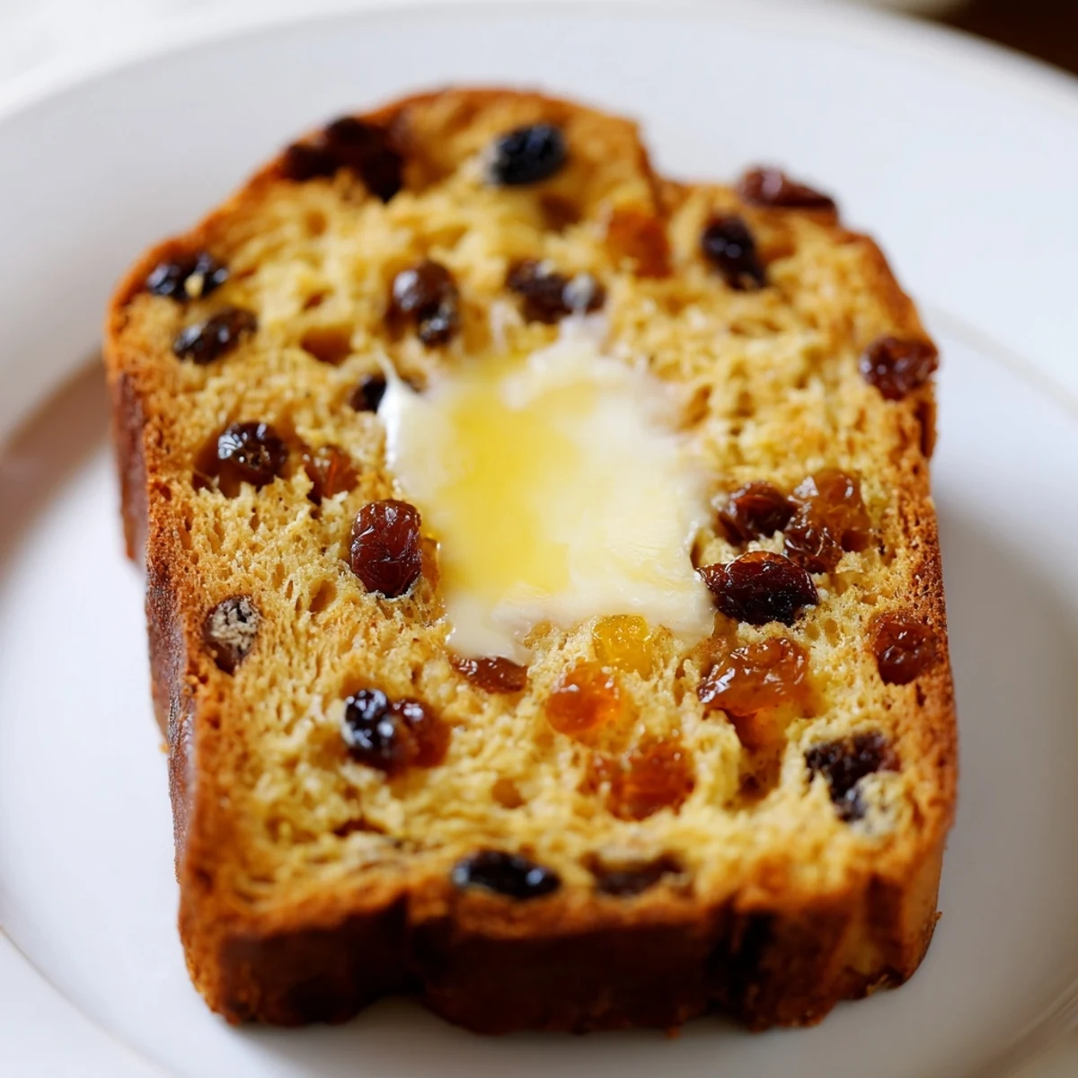 Golden slices of Irish Barmbrack Fruit Bread, packed with tea-soaked raisins and currants, rest on a rustic wooden board.