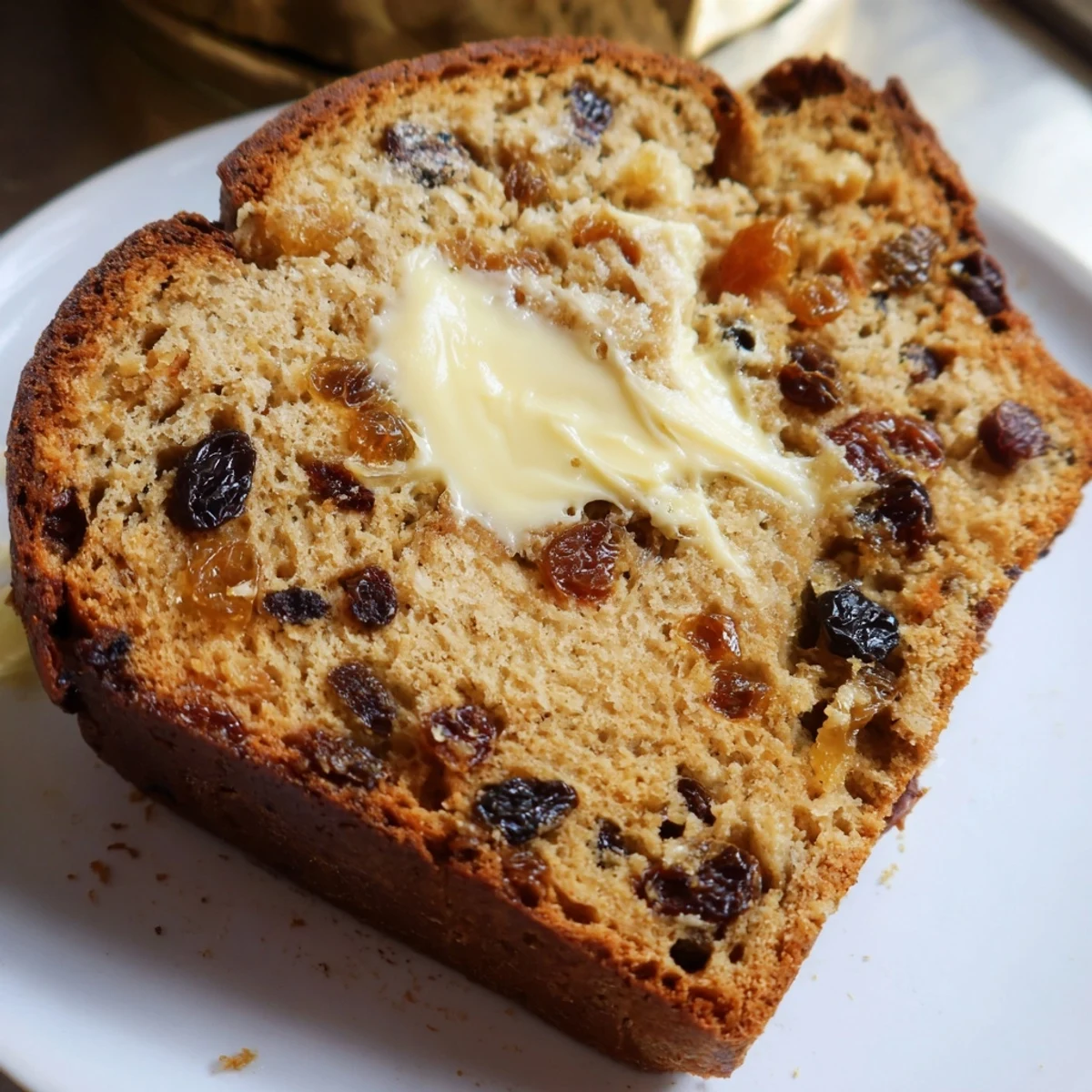 A close-up of Irish Barmbrack Fruit Bread reveals its moist crumb and plump dried fruits, with a pat of butter melting on top.