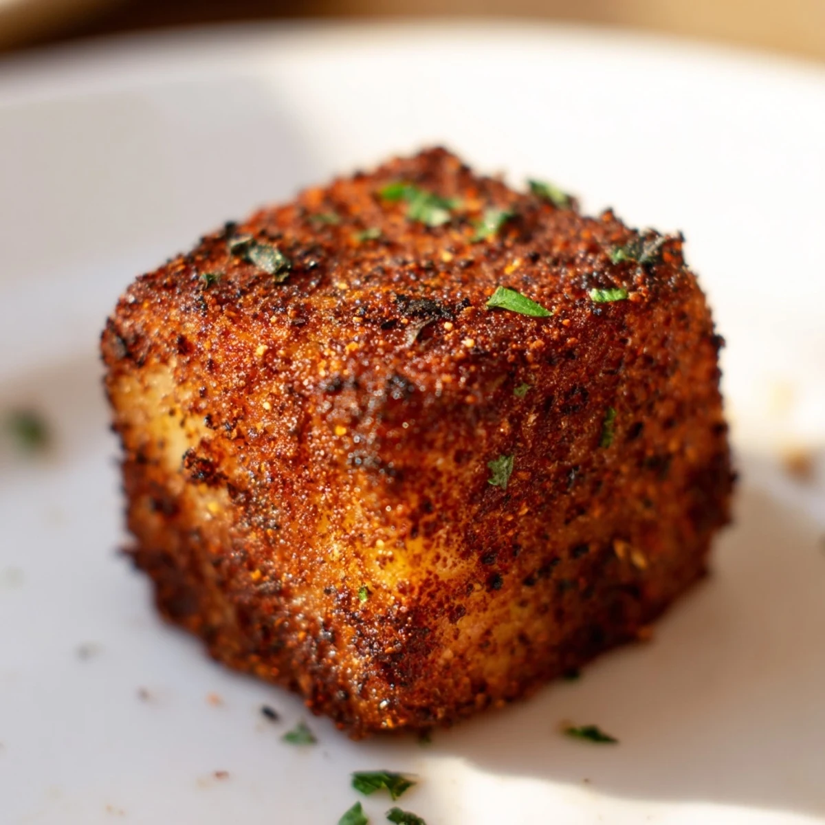 Golden-brown Cajun Spiced Roasted Potatoes fresh from the oven, garnished with vibrant green parsley and served with lemon wedges for a zesty finish.