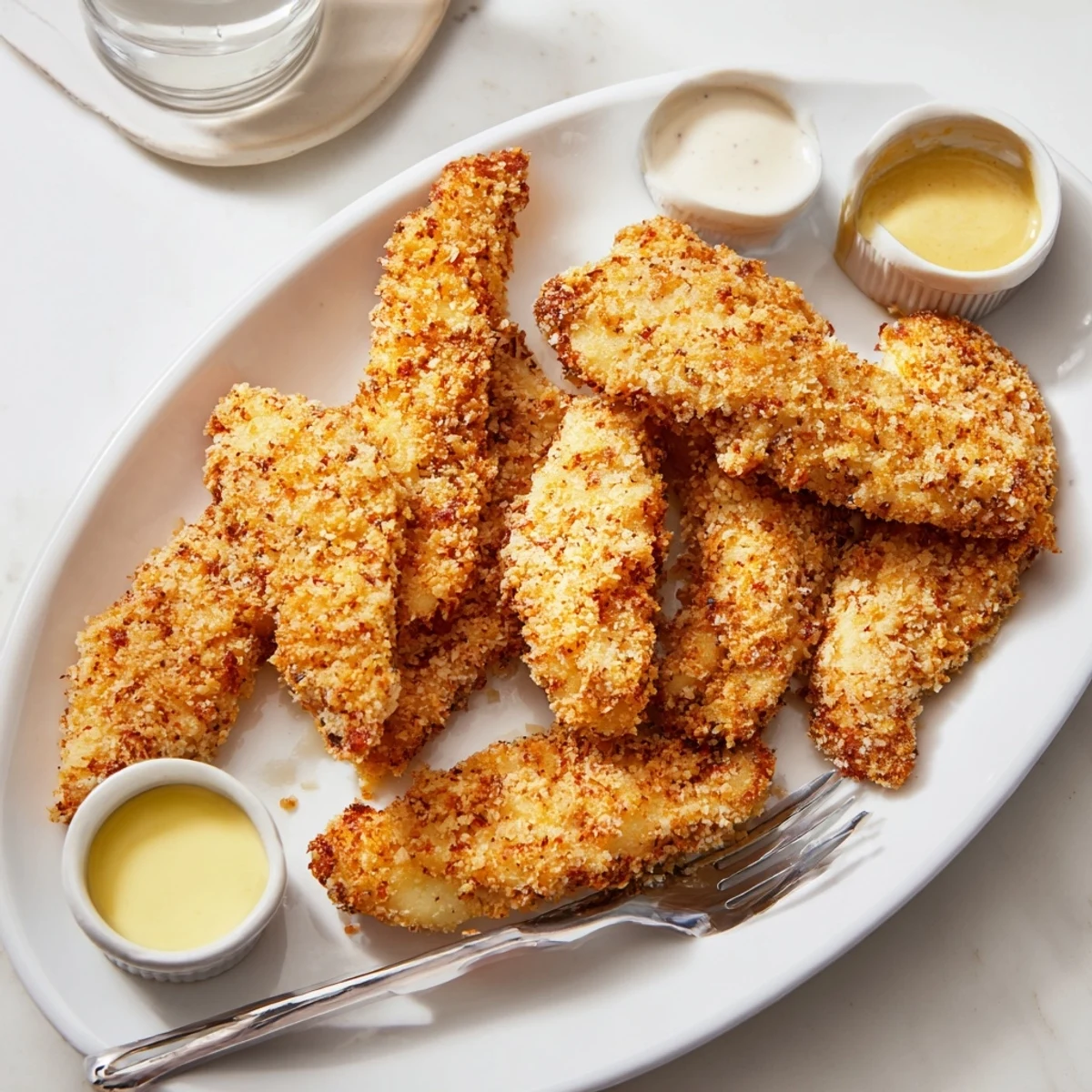 Golden-brown Game Day Crispy Chicken Strips piled high on a plate with a side of creamy ranch dip.  